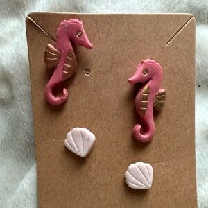 Pink Seahorse and Shell Handmade Polymer Clay Earrings
